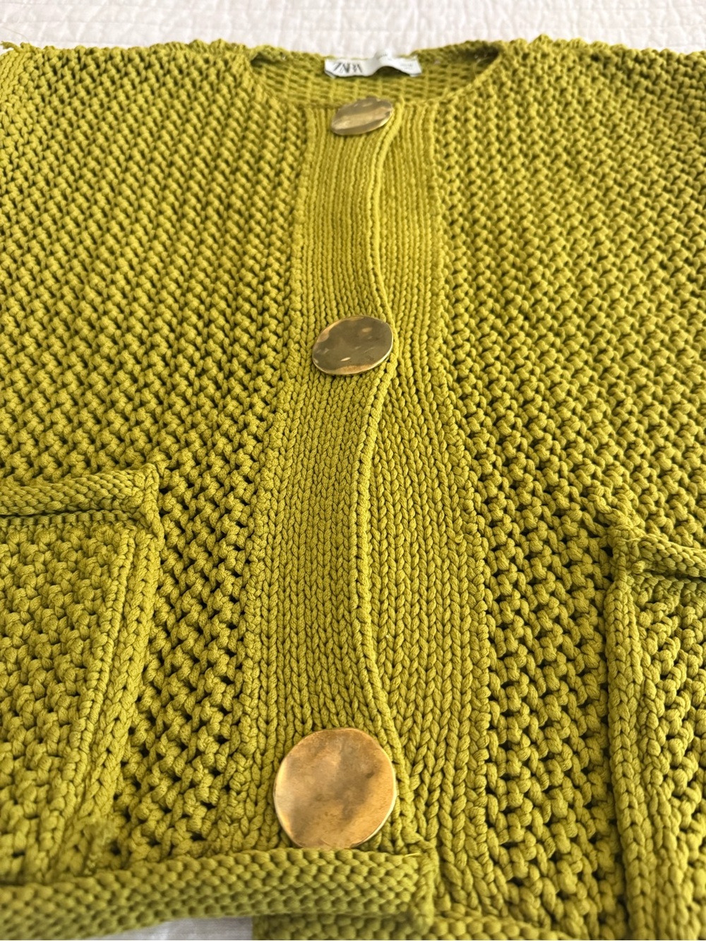 ZARA Chunky Knit Button Vest Cardigan Olive Green Gold Buttons Size M - Picture 4 of 7